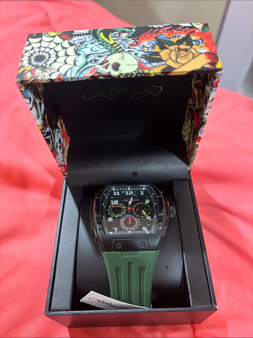 Ed Hardy Black Case Men's Watch with Green Strap